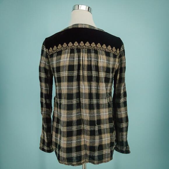 Sundance Size Small S Black Plaid Velvet Embroidered Button Long Sleeve Boho Top - Picture 3 of 6